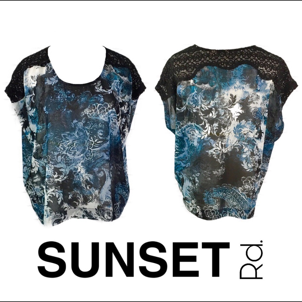 Sunset Rd. Sz 16 Blue & Black Short Sleeve Blouse